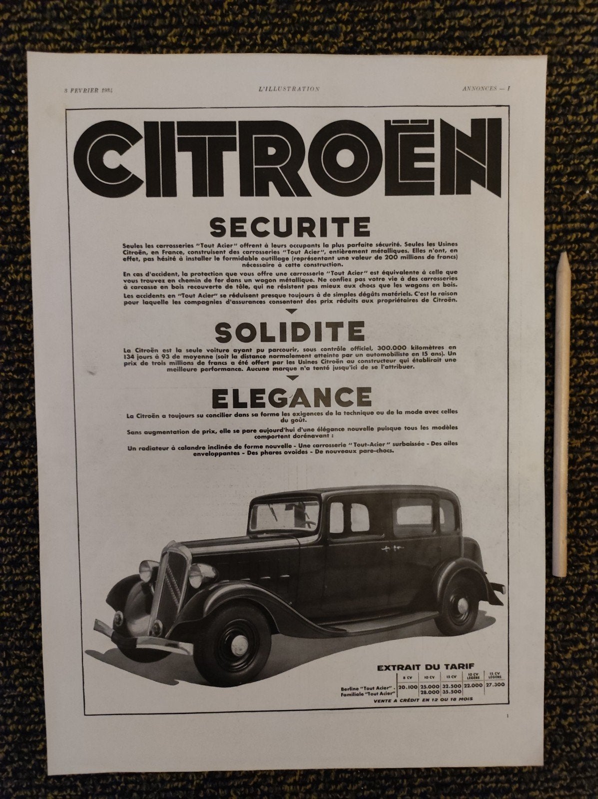 Citroën advertentie uit 1934, Ophalen of Verzenden, Gebruikt, Auto's