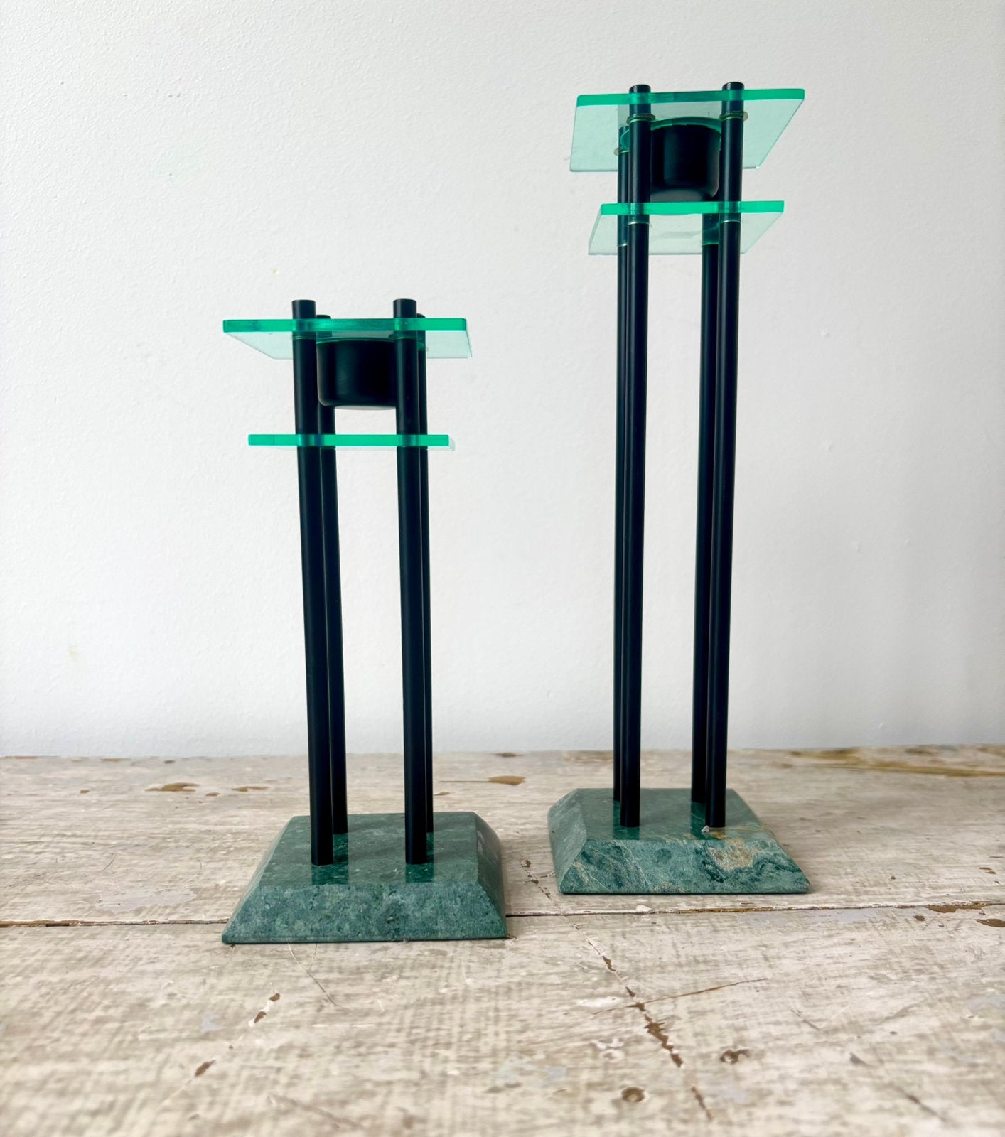 Vintage Memphis Stijl Kandelaars, Groen Marmer en Glas, ‘80, Ophalen of Verzenden