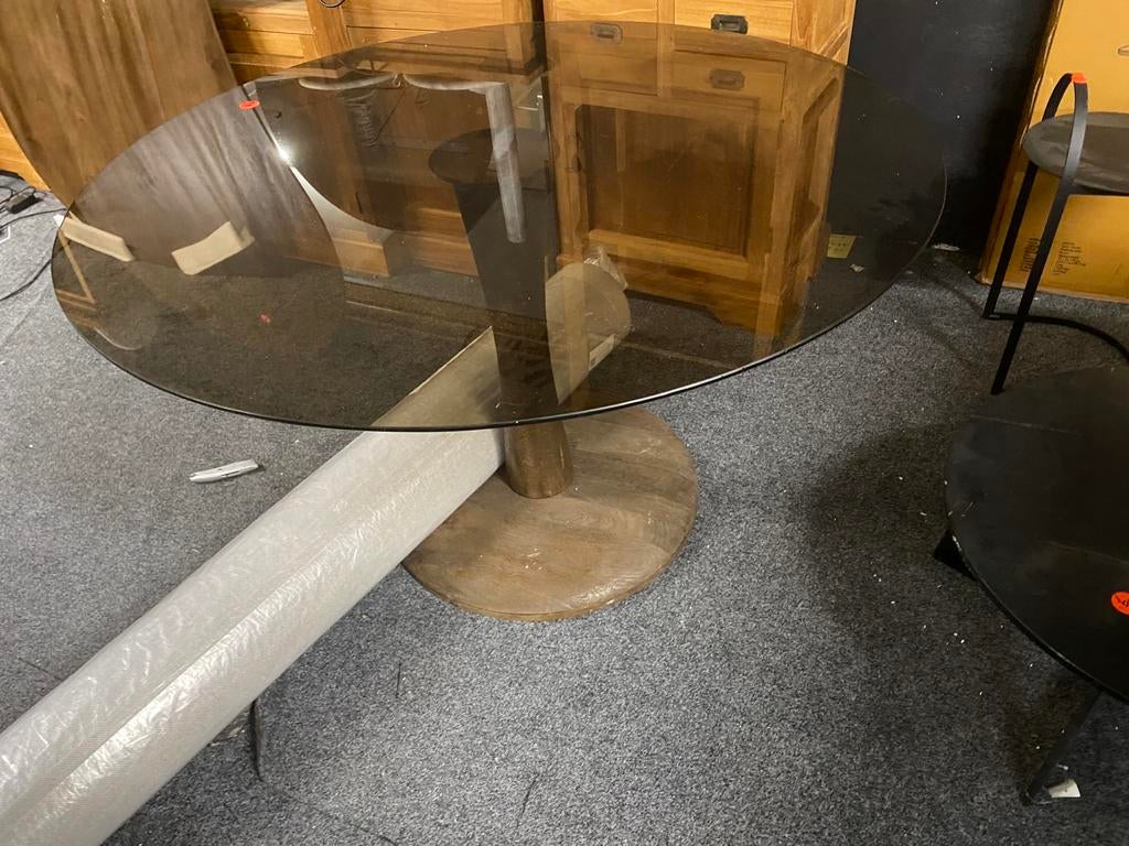 Tafel rond bruin smoke glas 130cm mangohout trompet poot, Ophalen, Rond, Nieuw, Glas