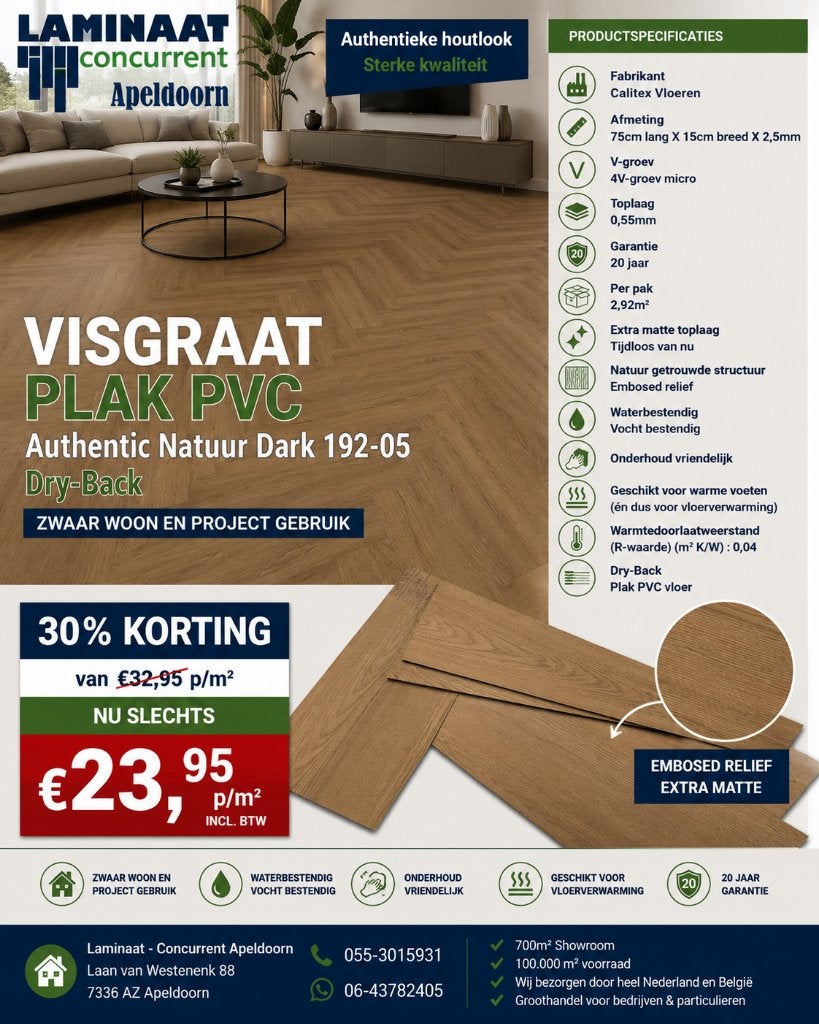 Visgraat Plak Pvc Natuur Dark 192-05 Toplaag 0,55 €23,95m2