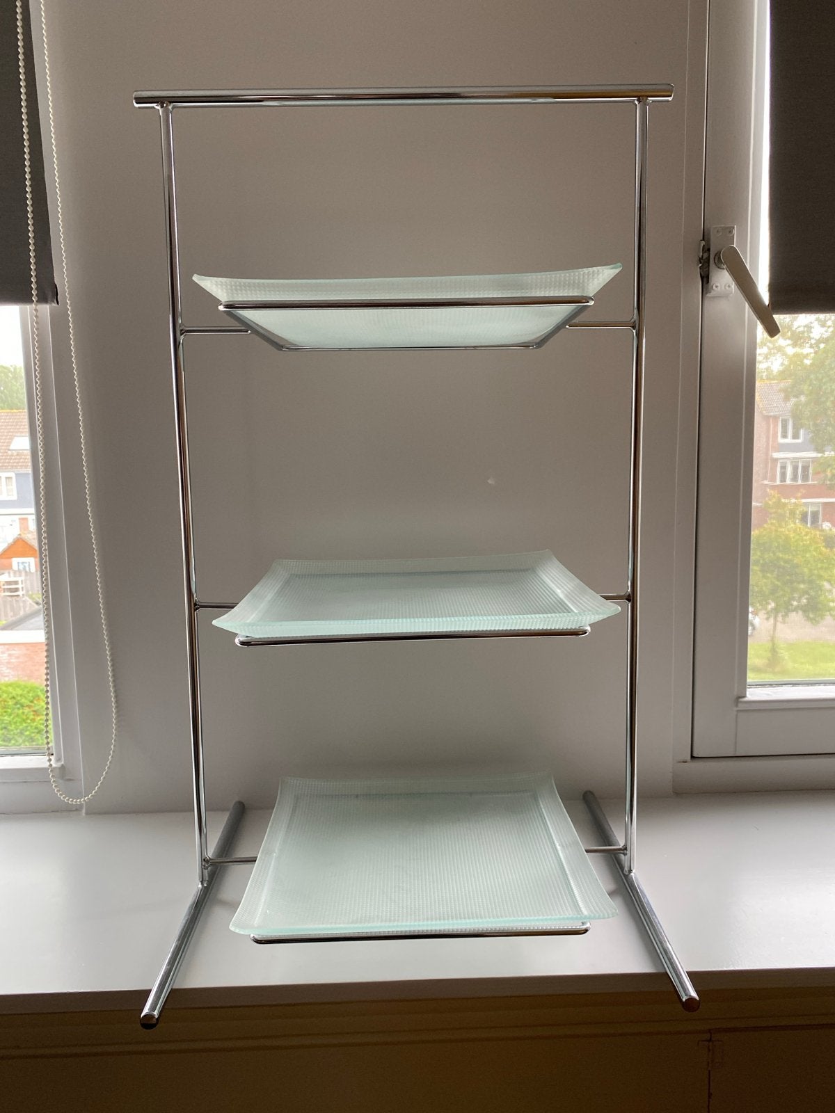 Etagère met 3 glazen borden - 70x40 cm, Gebruikt, Ophalen of Verzenden, Glas, Dienblad