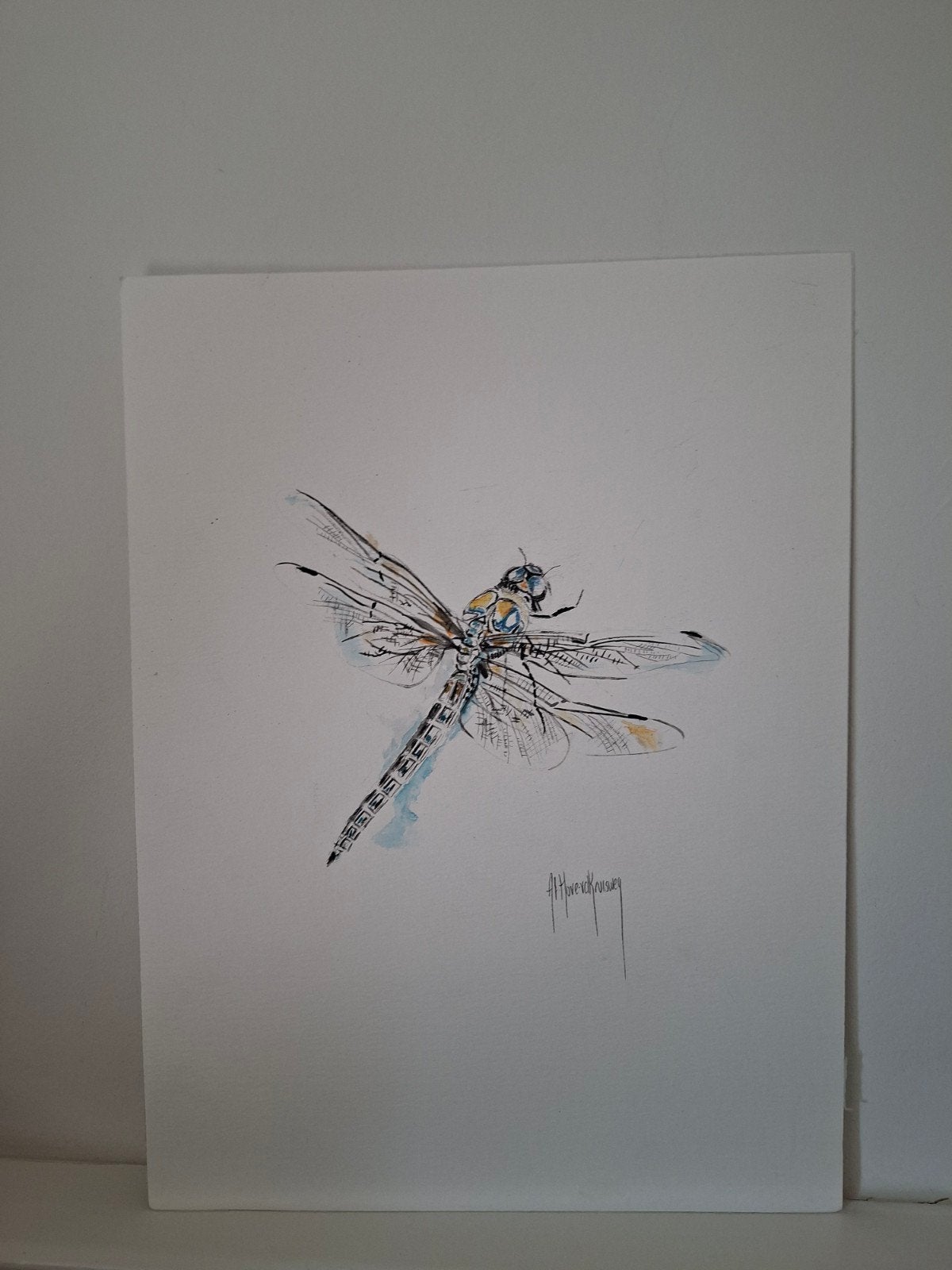 Originele tekening van een libel - Gesigneerd, Ophalen of Verzenden, Tekening, Aquarel, Gesigneerd