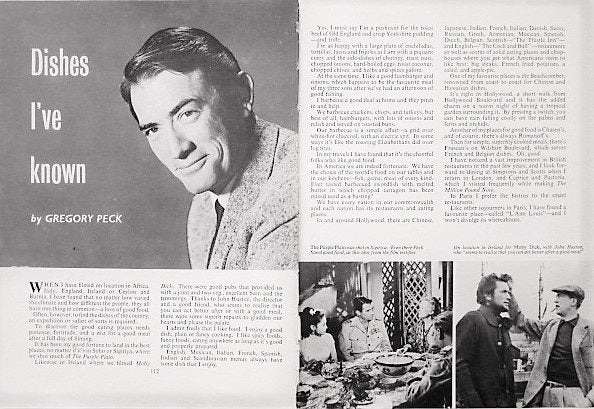 Artikel uit Preview 1958 - Dishes I've known by Gregory Peck, Ophalen of Verzenden, 1940 tot 1960, Knipsel(s)