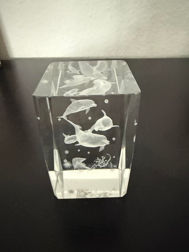 3D Dolfijnen in Glasgravure - Decoratief Kristalblok, Glas, Minder dan 20 cm, Ophalen of Verzenden, Zoogdier