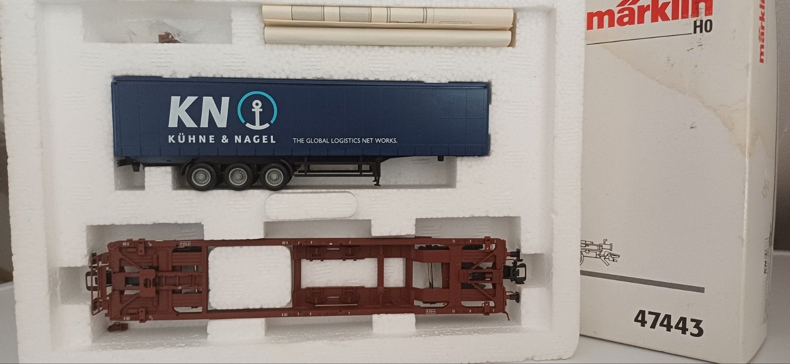 Märklin 47443 Draagwagen met oplegger Kühne & Nagel, Wisselstroom, Wagon, Ophalen of Verzenden, Zo goed als nieuw
