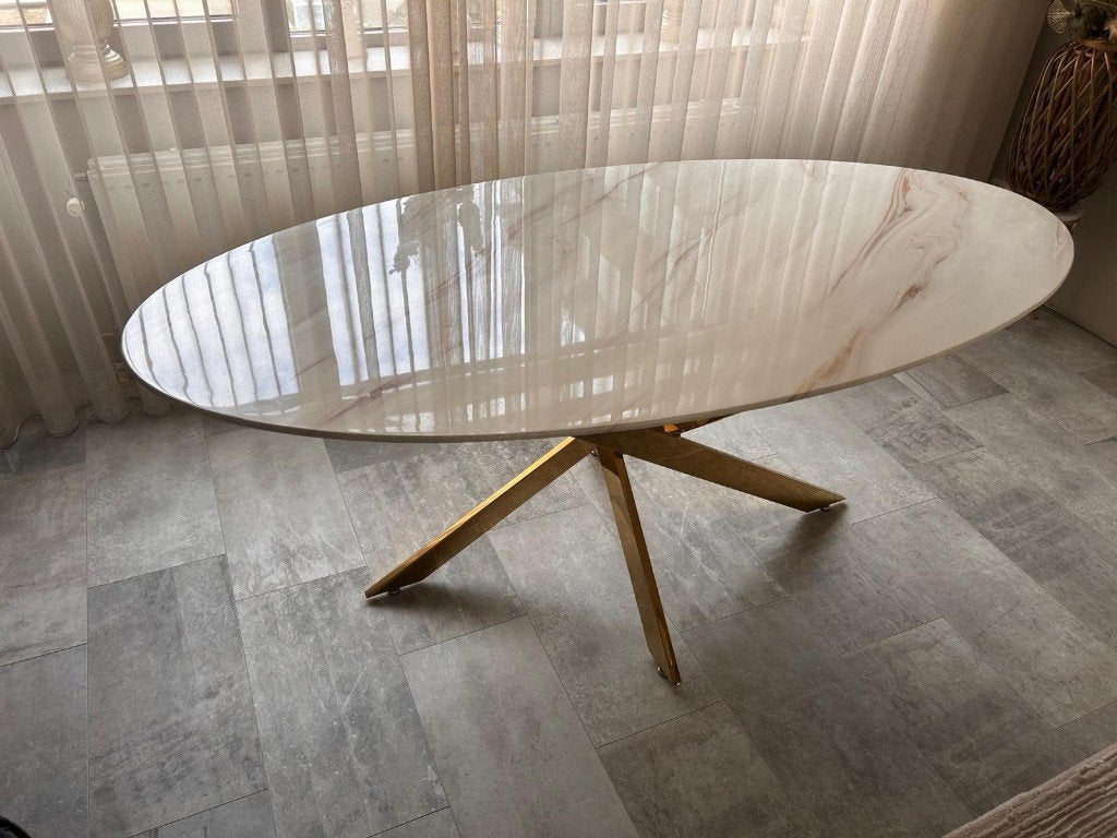 Ovale eettafel 180cm met marmerlook blad en gouden onderstel, Huis en Inrichting, Tafels | Eettafels, Ophalen, Overige materialen