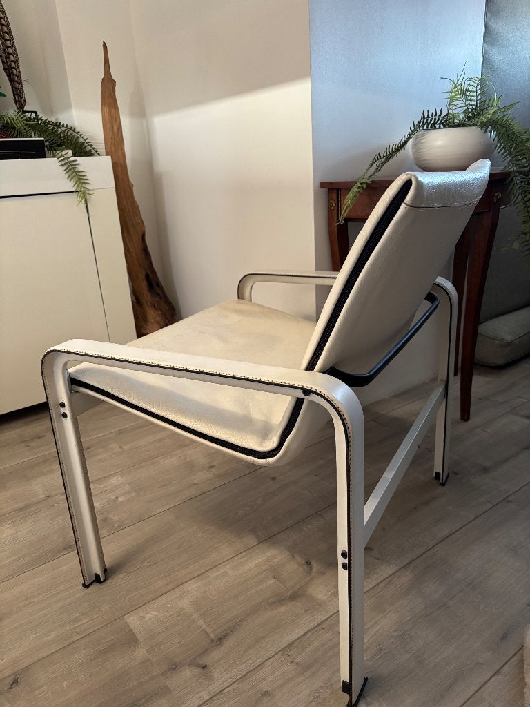 Design Matteo Grassi - vintage leren fauteuil - wit, Ophalen, Gebruikt, 50 tot 75 cm, Leer