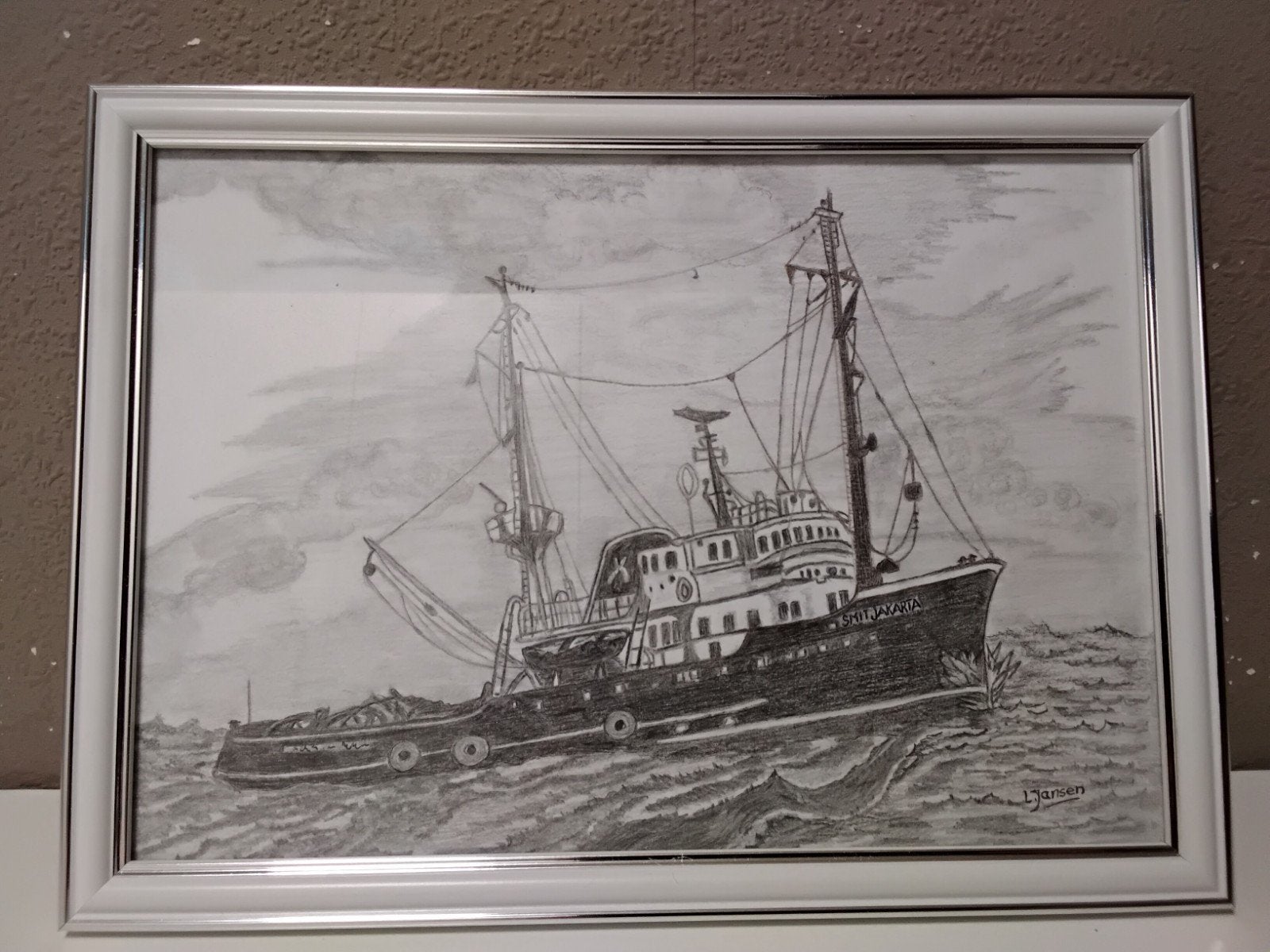 gesigneerd Potloodtekening van sleepboot Smit Jakarta, Ophalen, Tekening, Potloodtekening, Gesigneerd