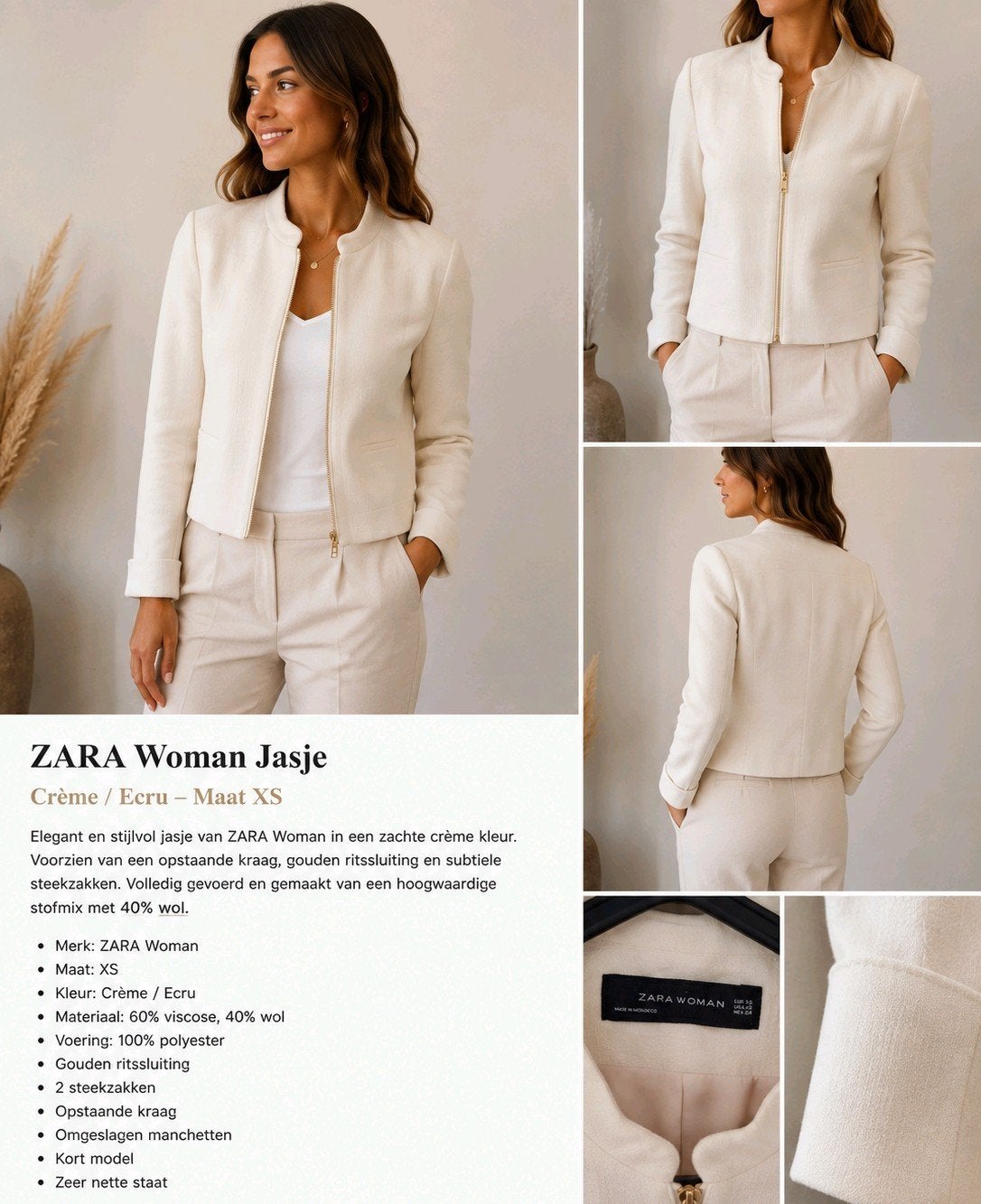 ZARA Woman Jasje – Crème/Ecru – 40% Wol – Maat XS, Ophalen of Verzenden, Zo goed als nieuw, Maat 38/40 (M), Beige