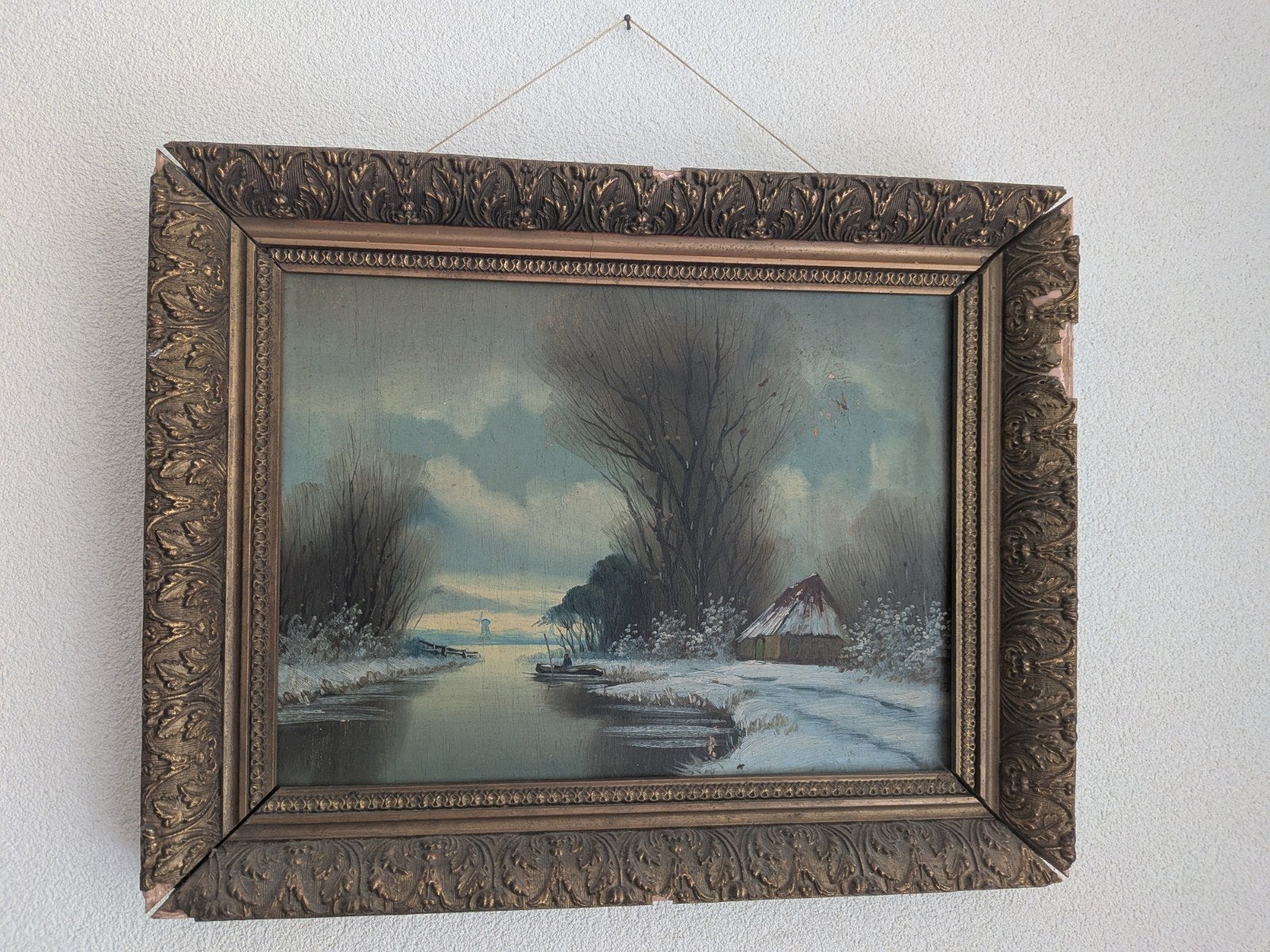 Sfeervol Winters Landschap Schilderij met Molen, Antiek en Kunst, Ophalen, Doek, Landschap, Olieverf