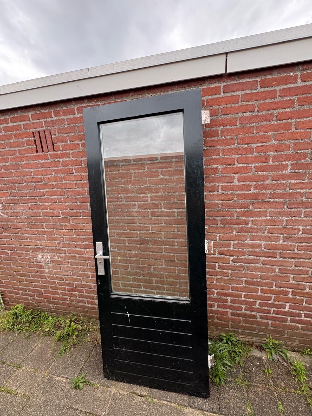 Hardhouten buitendeur met glas (B82,5/H210,5), Ophalen, Gebruikt, 80 tot 100 cm, Buitendeur