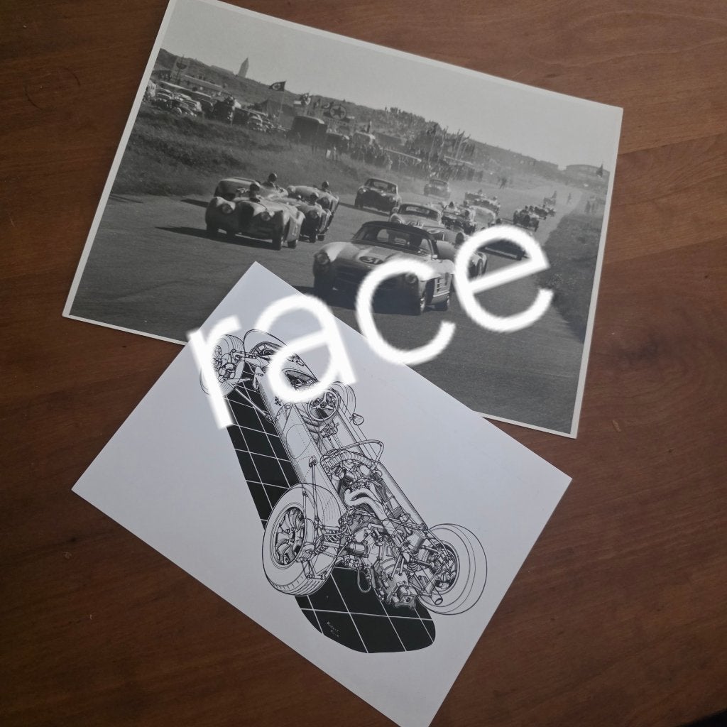 Raceauto foto (klassieke autosport) en technische tekening, Verzenden, Gelezen, Overige merken