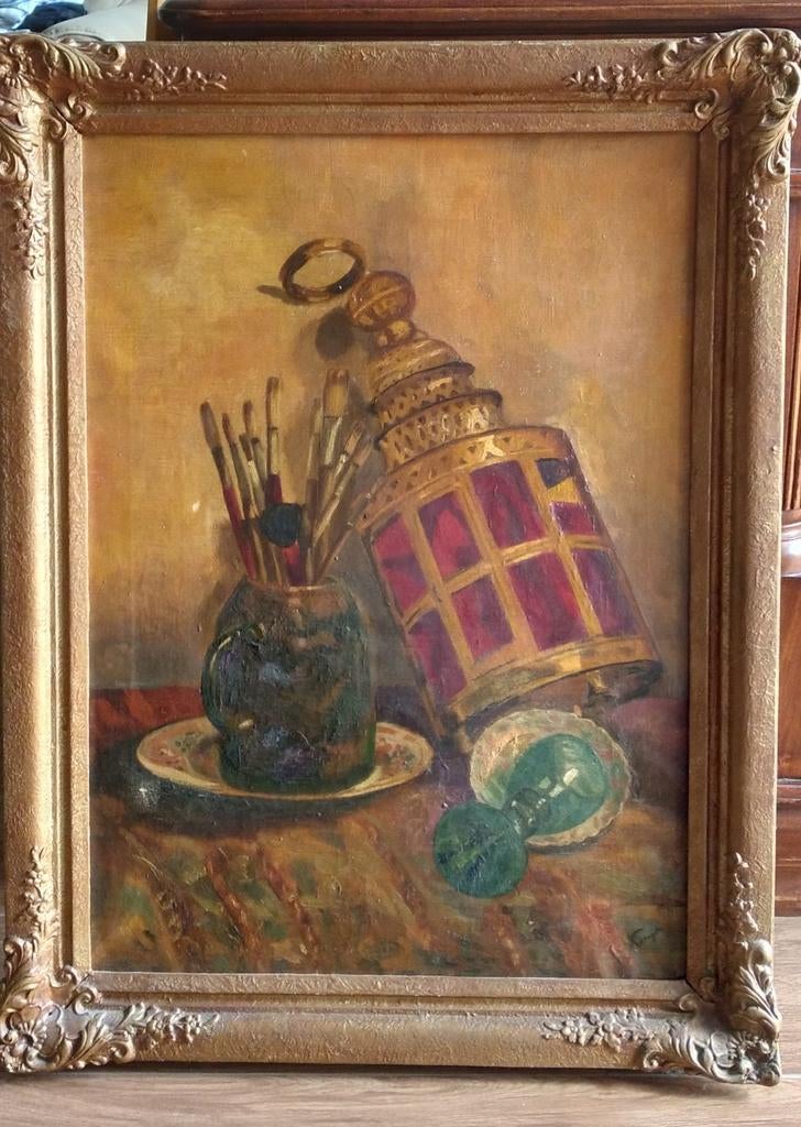 Olieverf stilleven met lantaarn en penselen, Antiek en Kunst, Ophalen