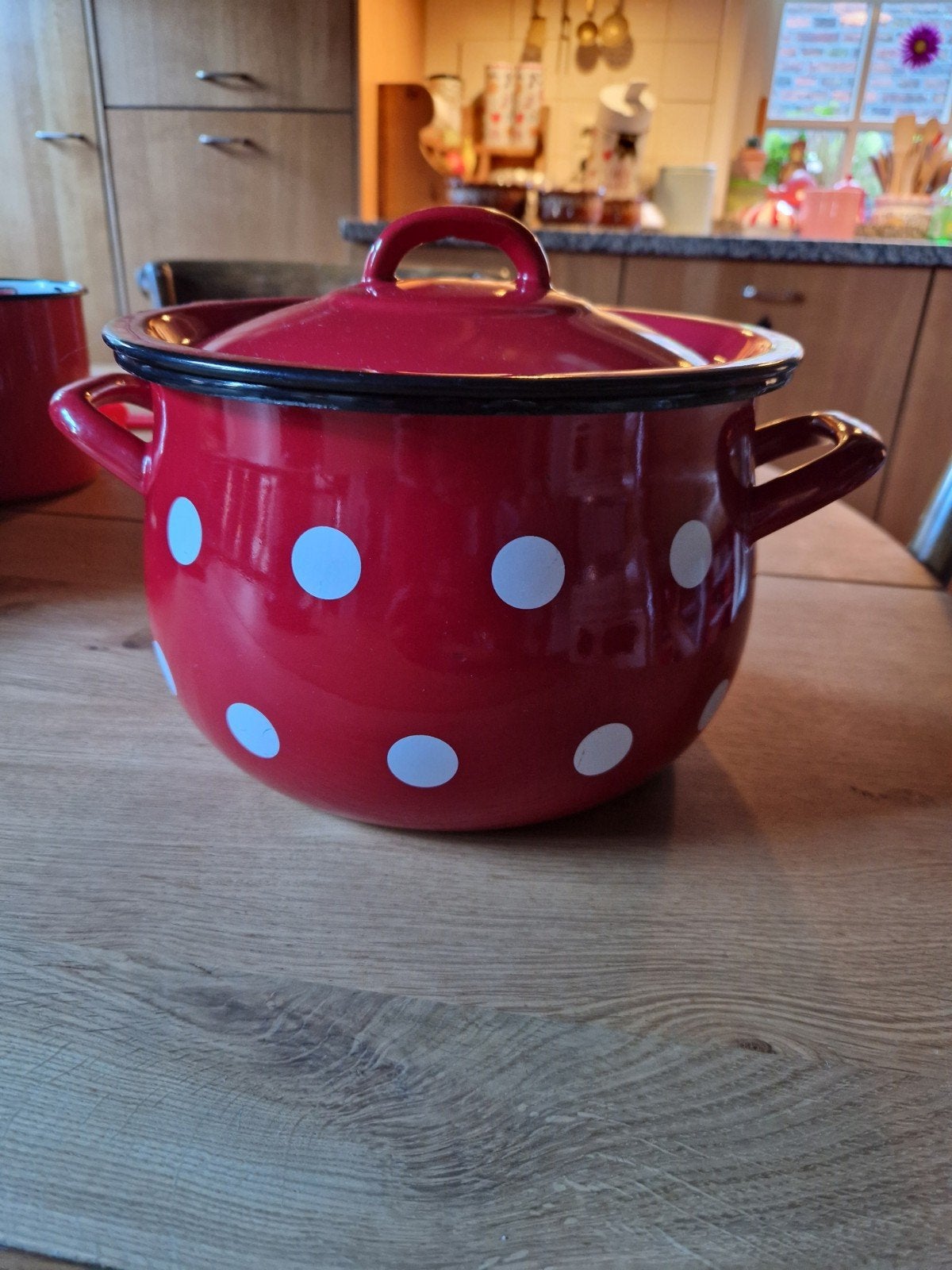 Emaille kookpan rood met witte stippen en deksel, Antiek en Kunst, Antiek | Emaille, Ophalen of Verzenden