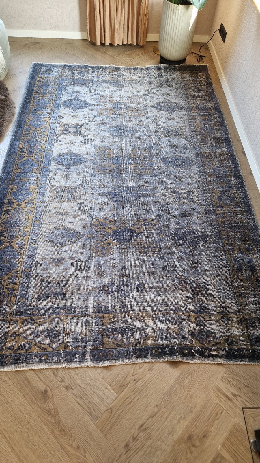 vintage handgeknoopt vloerkleed wol rozenkelim, Ophalen of Verzenden, Groen, Rechthoekig, 200 cm of meer
