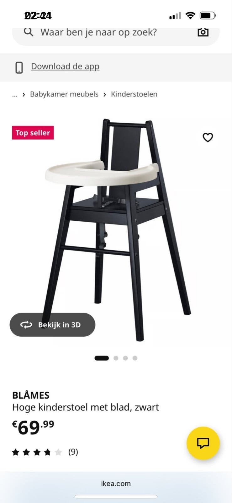 IKEA BLÅMES Hoge kinderstoel met blad, zwart, Kinderen en Baby's, Ophalen of Verzenden, Gebruikt, Overige typen, Afneembaar eetblad