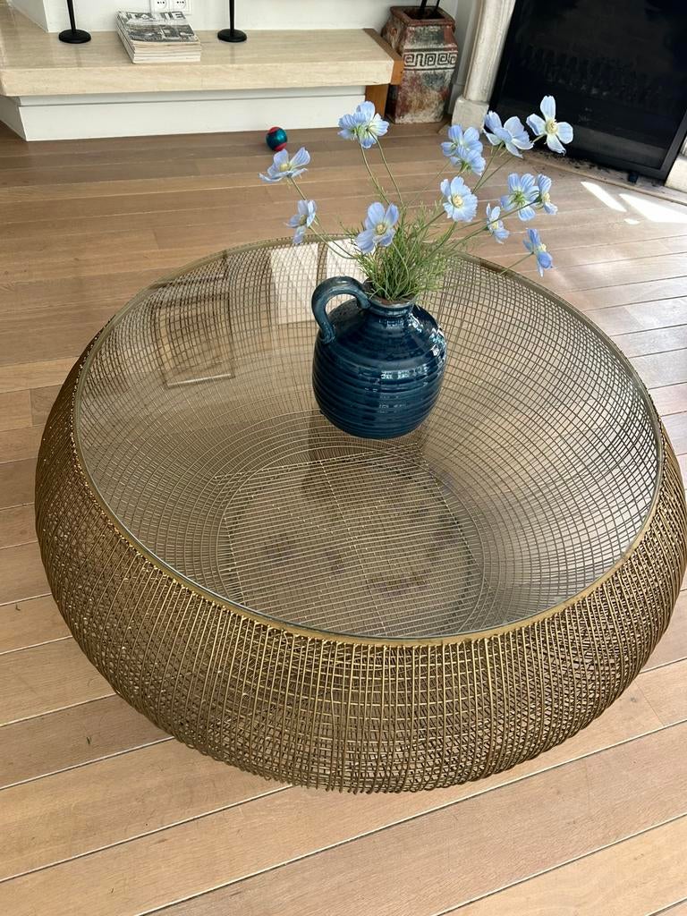 Design Salontafel NU €175, Huis en Inrichting, Tafels | Salontafels, Gebruikt, 100 tot 150 cm, Rond, Glas
