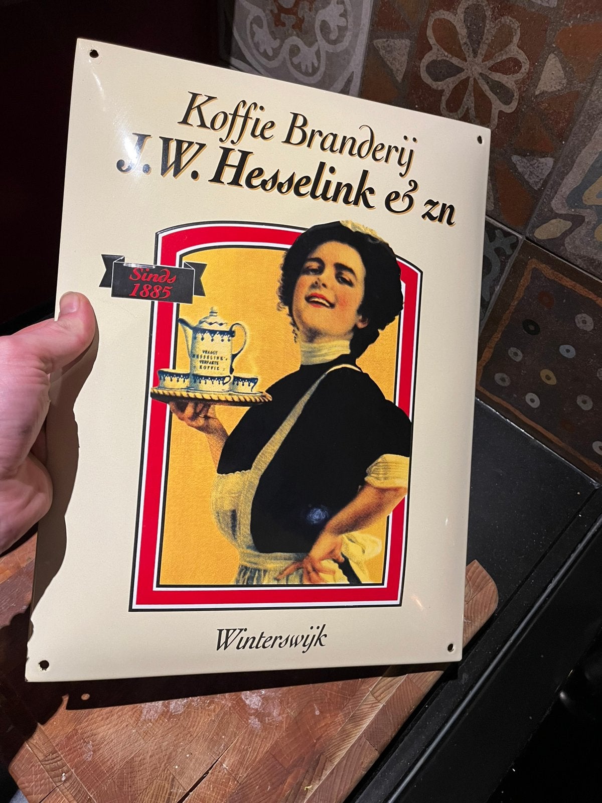 Hesselink koffie reclamebord zwaar emaille 40x30 cm (BxH), Ophalen of Verzenden, Zo goed als nieuw, Reclamebord
