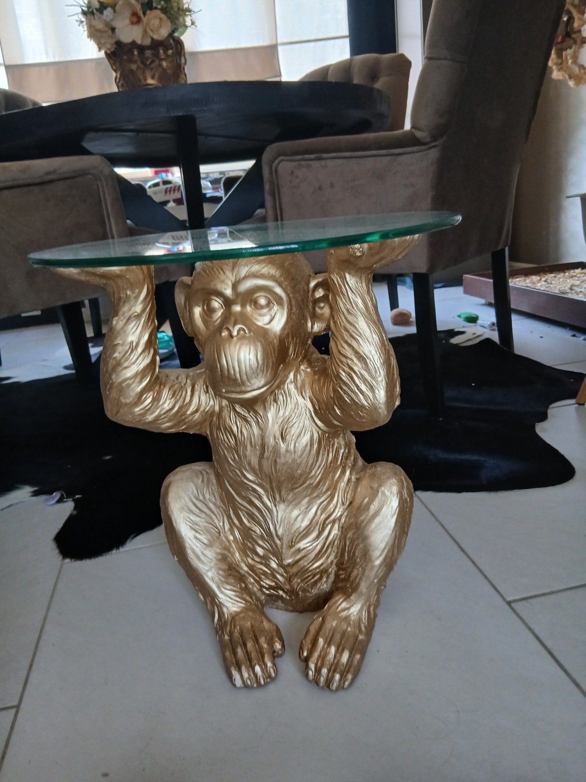 Bijzettafel Aap met Glasplaat - Gouden Design, Minder dan 55 cm, Rond, Modern, Speels, Luxe, Ophalen