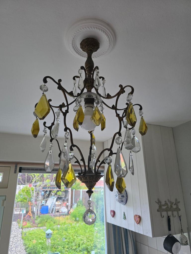 Elegante kroonluchter met glazen pegels, Ophalen, Gebruikt, Glas, Klassiek, Antiek, Romantisch