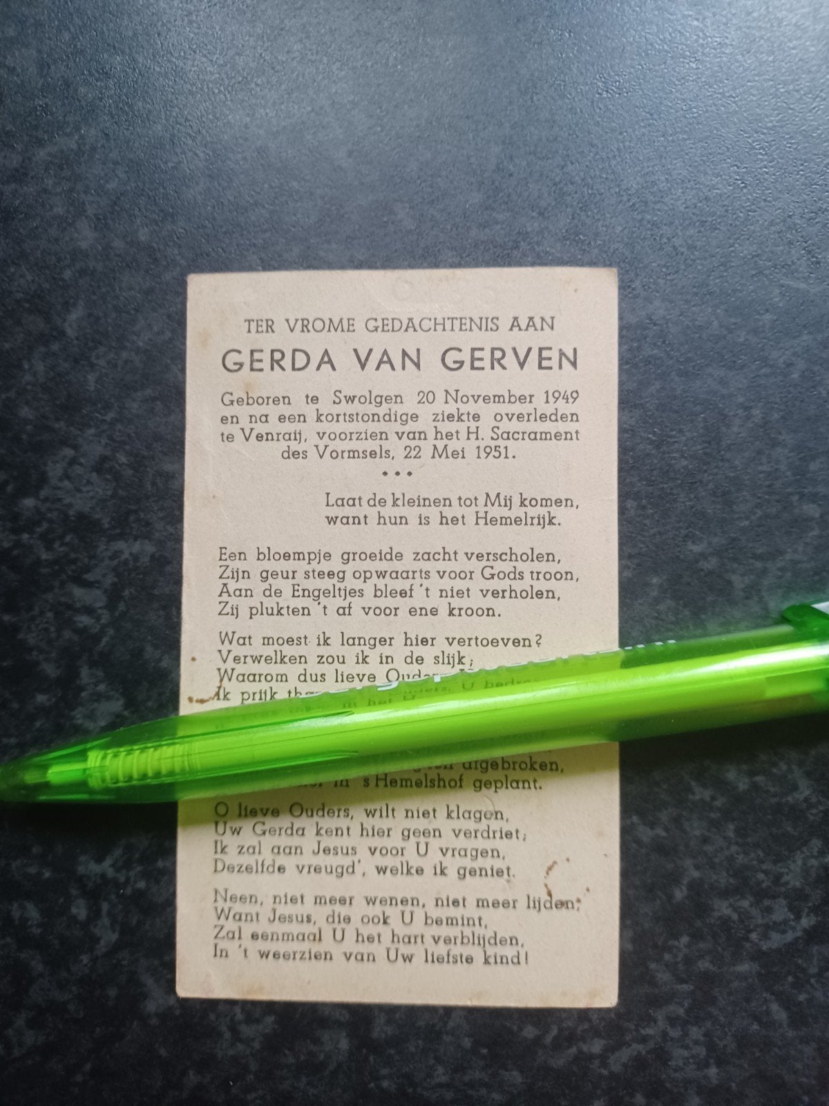 Bidprentje Swolgen Venraij Gerda van Gerven 1949 1951, Ophalen of Verzenden, Bidprentje