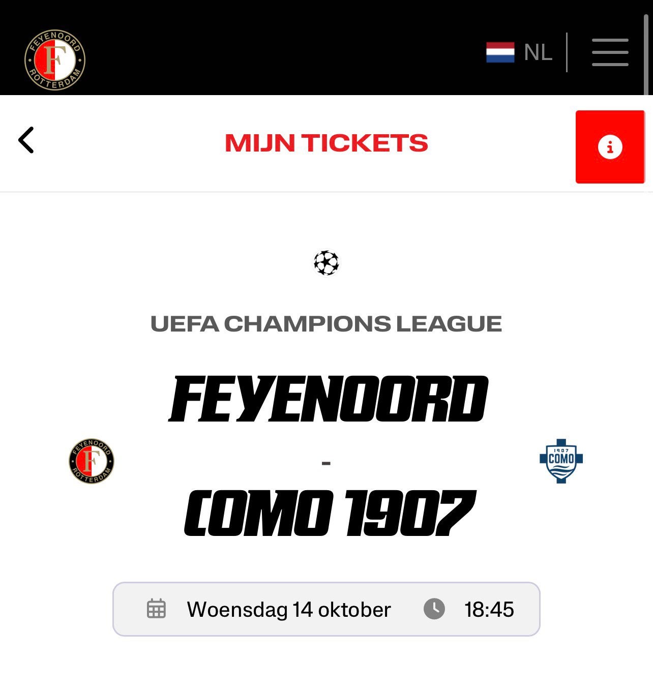 Feyenoord - COMO 14/10  2x Tickets VAK EE, Twee personen