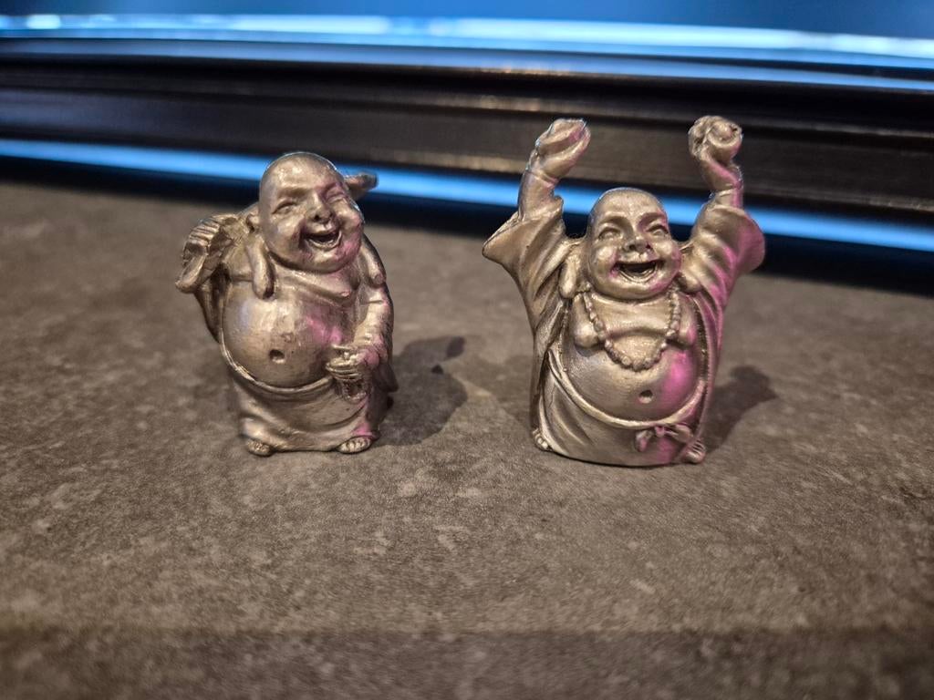 2 Tinnen Boeddha Beeldjes - 3 cm hoog, Huis en Inrichting, Woonaccessoires | Boeddhabeelden, Ophalen of Verzenden, Gebruikt