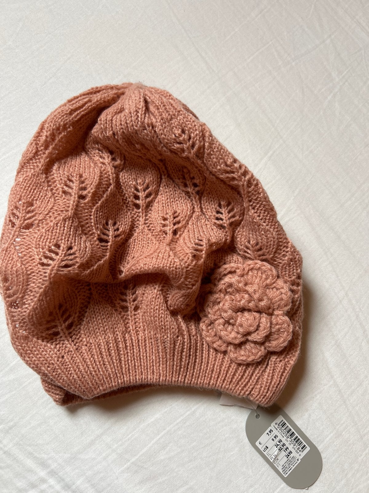 Nieuwe roze gebreide muts met bloemdetail, Ophalen, Nieuw, Maat 38/40 (M), Muts