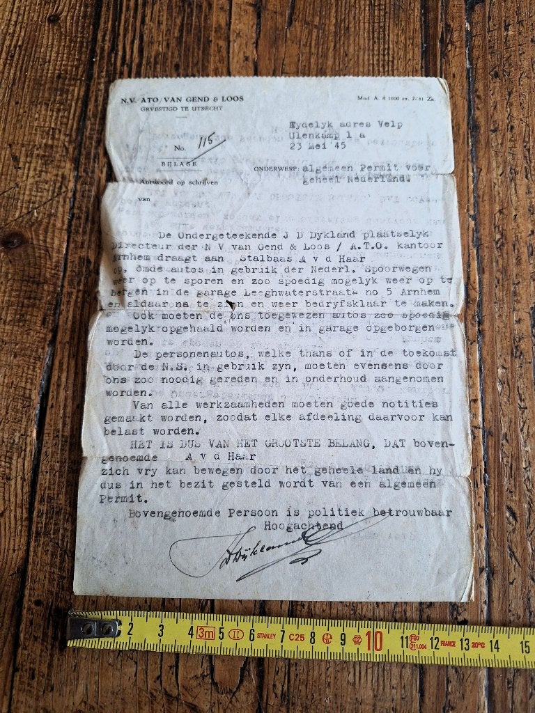 Vrijgeleide Arnhem hele land opsporen Gend &Loos wagens 1945, Verzamelen, Ophalen of Verzenden, Nederland, Overige typen