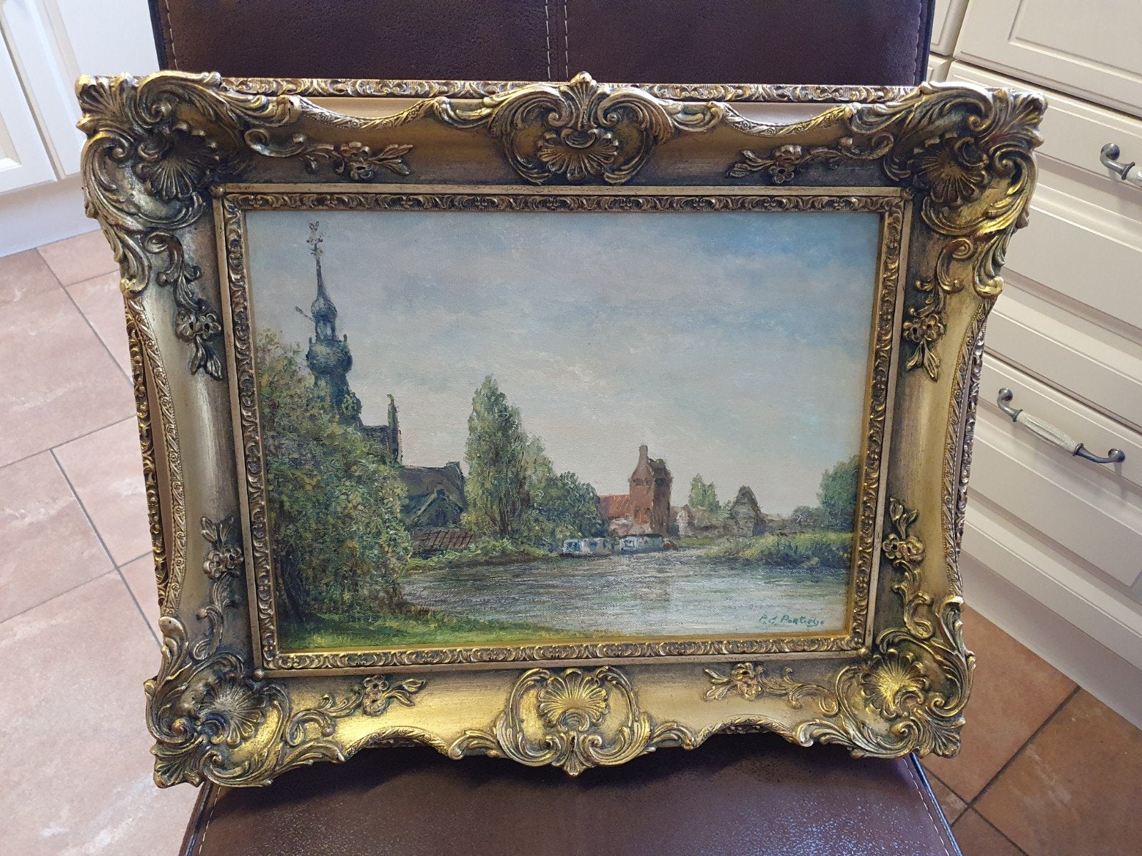 Olieverf Schilderij A.J.Portielje Gezicht op Overschie  ., Ophalen, Overige ondergronden, Klassiek, Stads- / dorpsgezicht