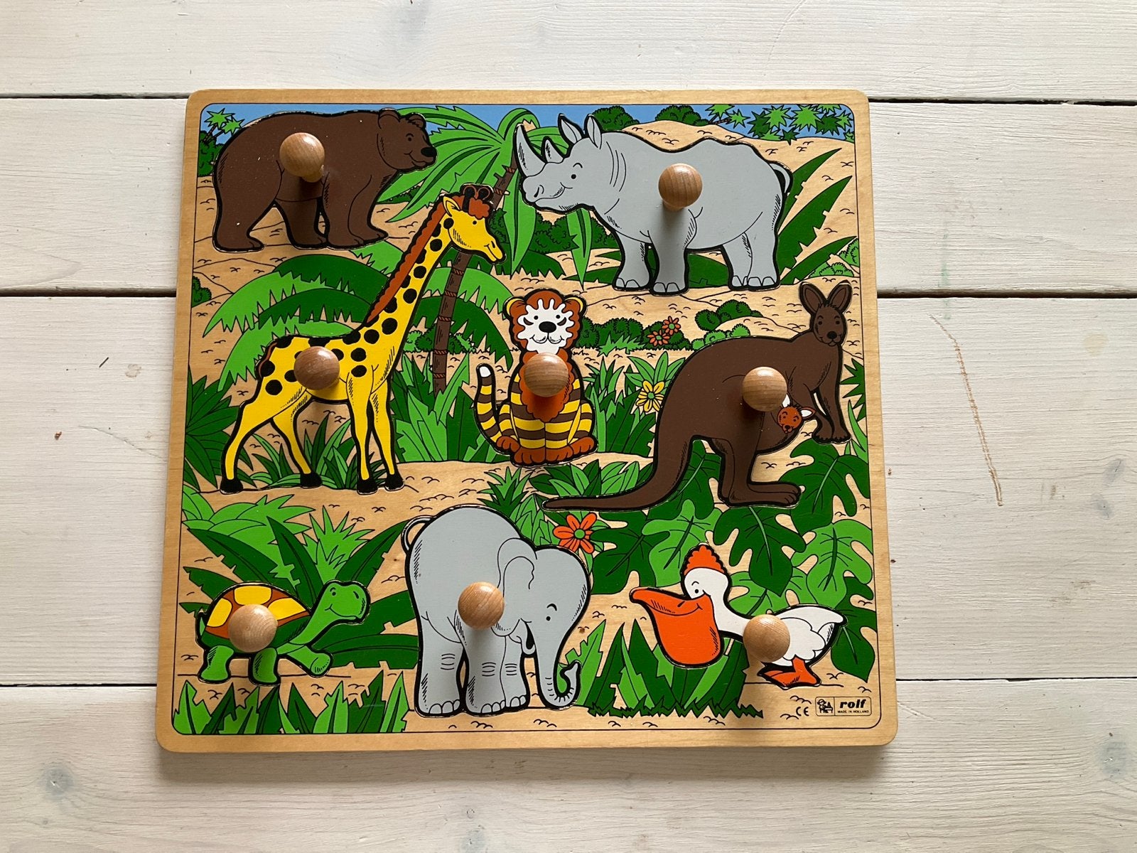 Houten Dierenpuzzel met knoppen - Jungle Thema, Ophalen of Verzenden, Zo goed als nieuw, Overige typen