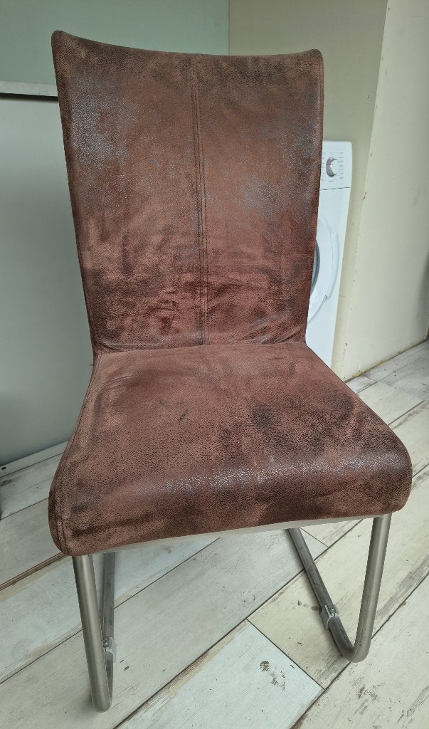 Eetkamerstoel bruin suèdeleer 6 stuks, Ophalen, Gebruikt, Bruin, Vijf, Zes of meer stoelen