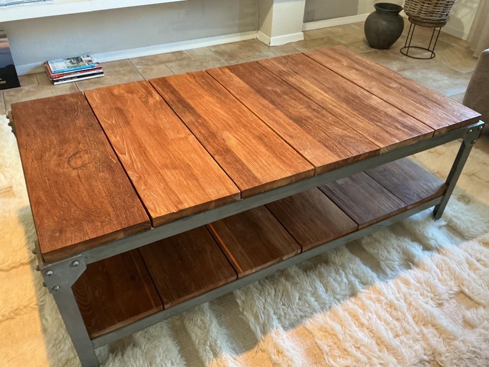 Robuuste salontafel Massief Teak met metaal (130x70x45 cm), Ophalen, 100 tot 150 cm, Teakhout, 50 tot 100 cm