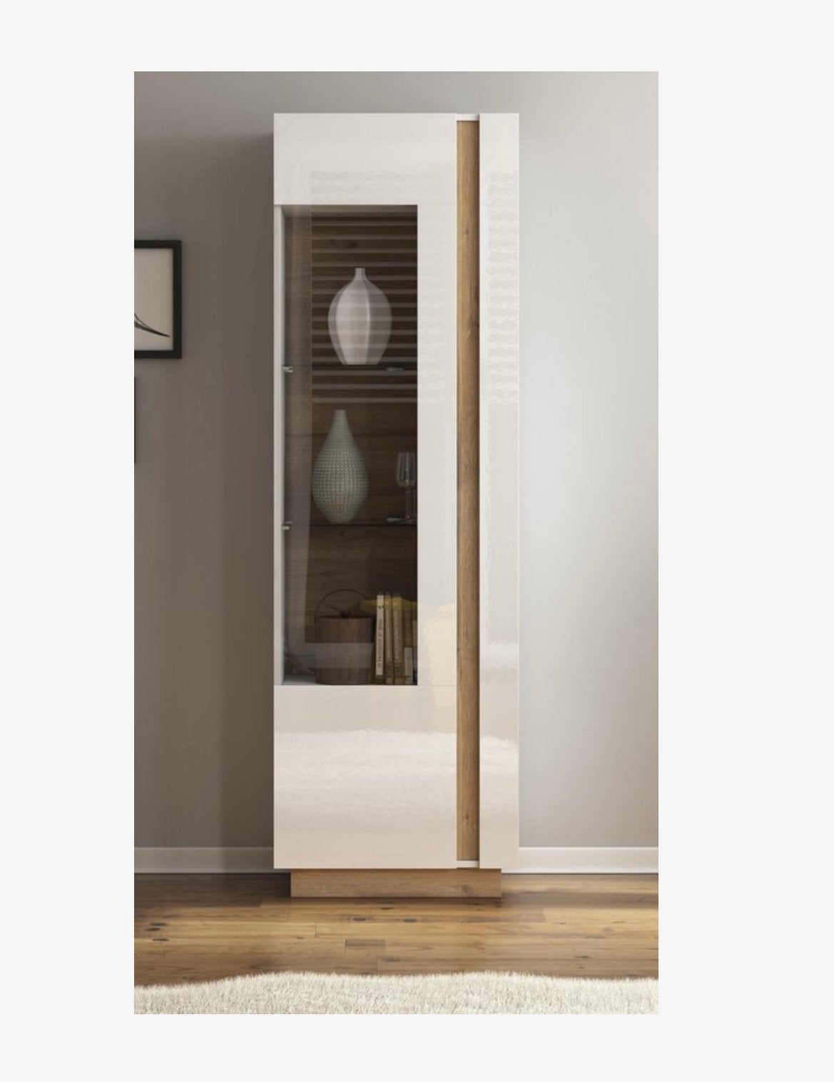 Vitrinekast wit & eiken / white & oak, Ophalen, Zo goed als nieuw, 25 tot 50 cm, Glas