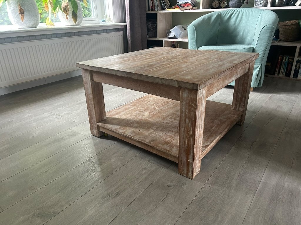 Vierkante salontafel teakhout white wash 80x80 Pronto Wonen, Ophalen, 50 – 75, Gebruikt, 50 tot 100 cm
