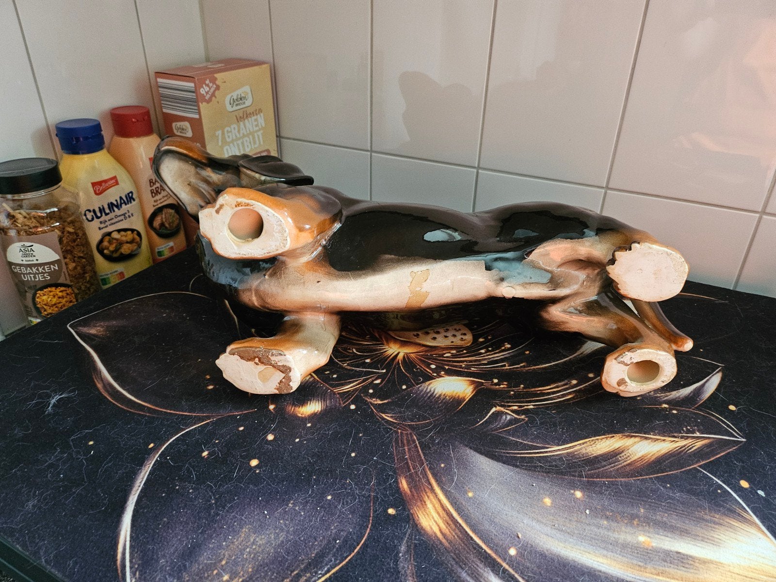 Vintage Teckel  Zwart met Bruine steenen beeld voor in huis, Ophalen, Gebruikt, Dier