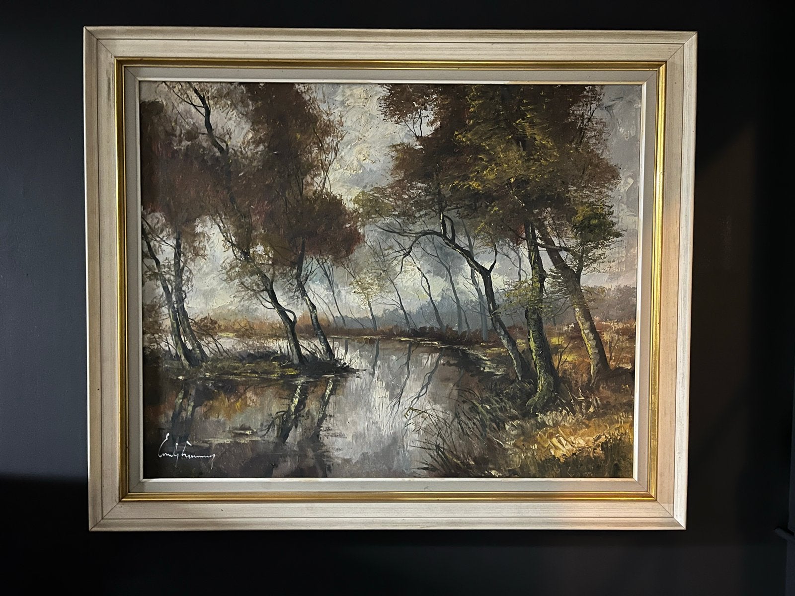 Schilderij Emile Lammers - Landschap met water en bomen, Doek, Realistisch, Ophalen of Verzenden, Gesigneerd