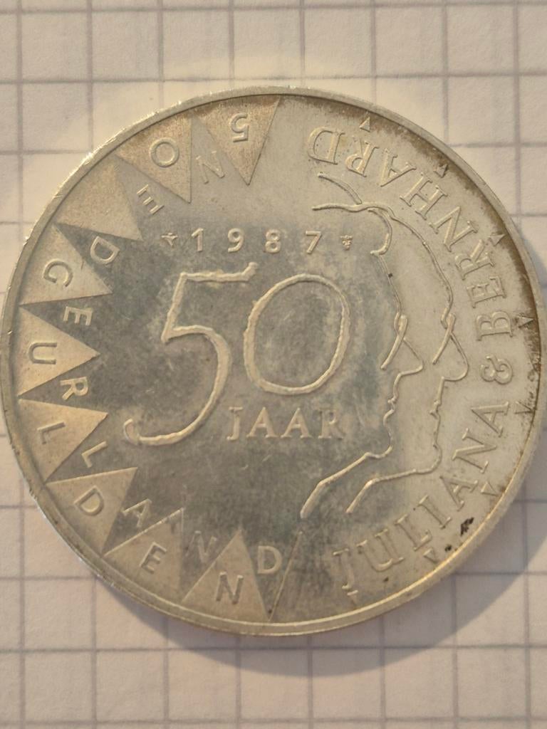 Zilveren 50 gulden munt 1987 - 50 jaar Juliana & Bernhard, Postzegels en Munten, Munten | Nederland, Koningin Juliana, Ophalen of Verzenden