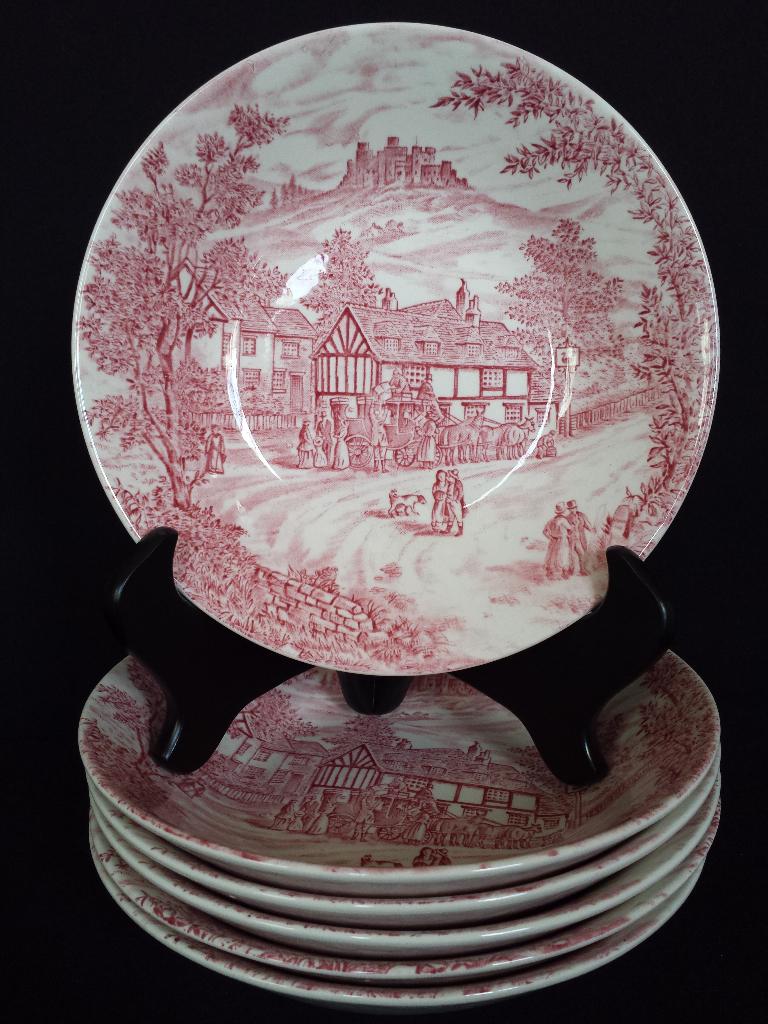 6 Engelse diepe Soepborden BROADHURST “Swan Inn” ROOD Ø 20cm, Ophalen of Verzenden