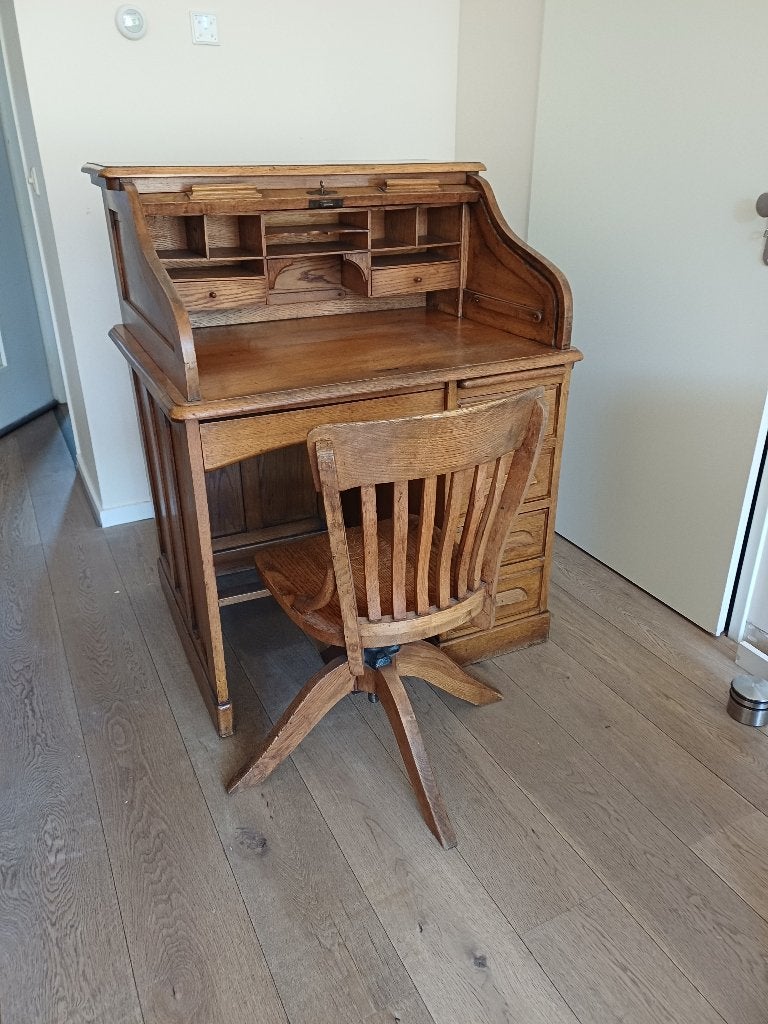 Antiek houten secretaire met bijpassende houten draaistoel, Ophalen of Verzenden, Gebruikt, Antiek