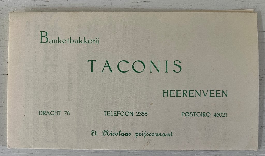 Prijscourant banketbakkerij Taconis Heerenveen (1953), Ophalen of Verzenden, Zo goed als nieuw