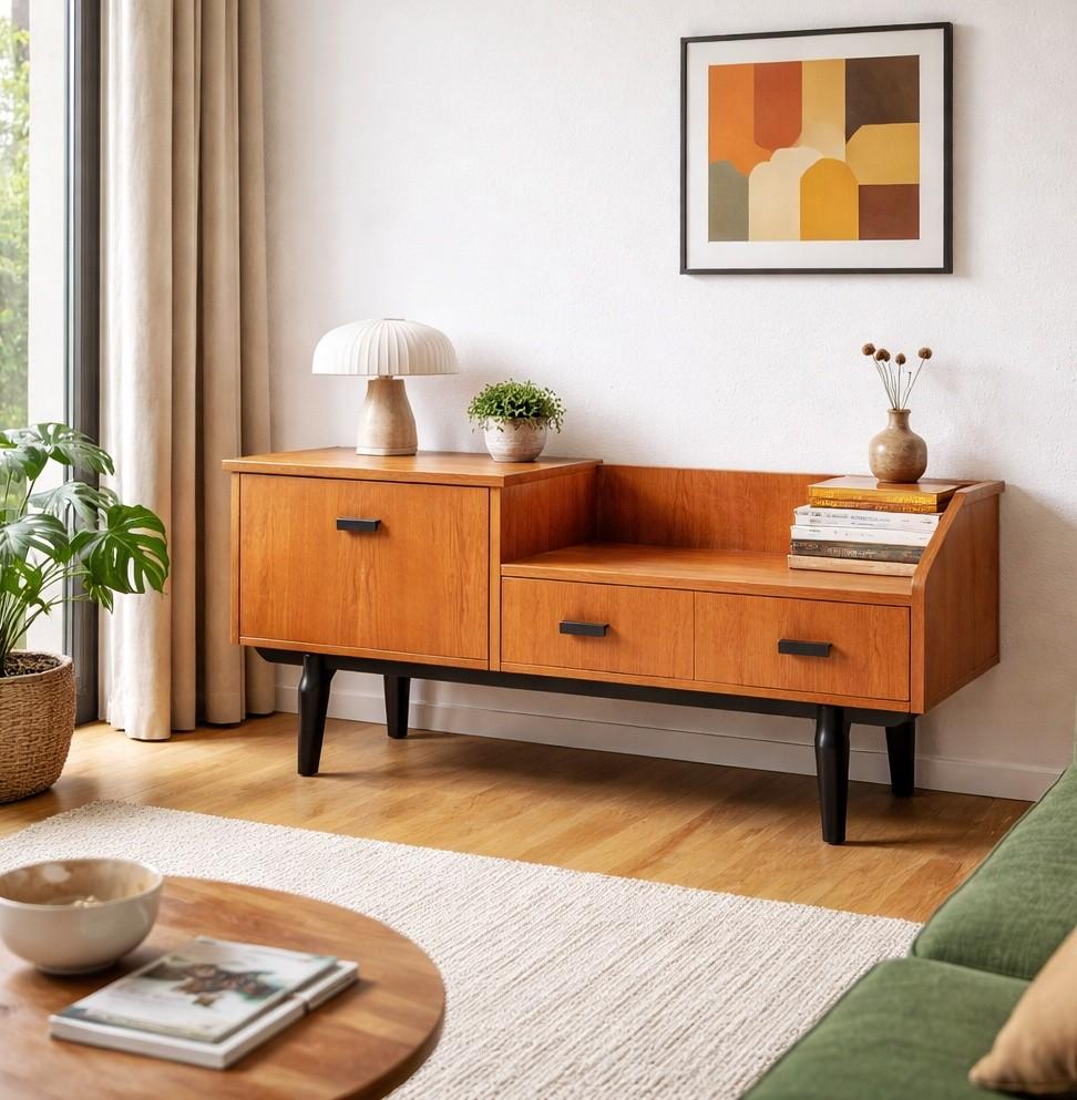 Prachtige vintage teakhouten platenkast / commode, Huis en Inrichting, Kasten | Overige, Ophalen, Zo goed als nieuw