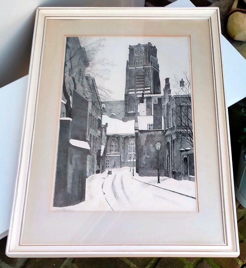 Antiek Litho Schilderij - Laurens Kerk Rotterdam 42x59CM, Antiek en Kunst, Kunst | Litho's en Zeefdrukken, Ophalen of Verzenden