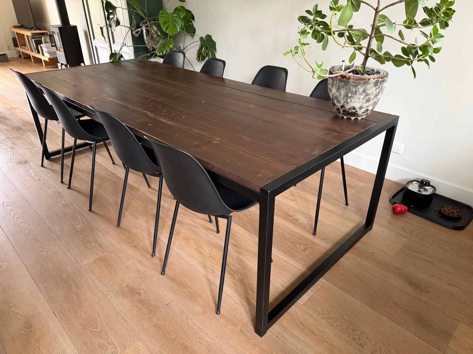 Eettafel 260x110 zwart stalen frame en houten blad, Ophalen, Gebruikt, 100 tot 150 cm, 200 cm of meer