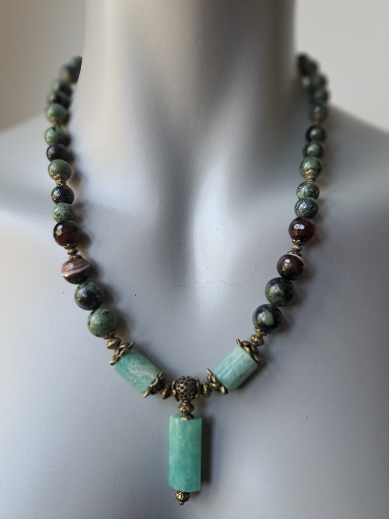 279 Ketting met Amazoniet Agaat & Kambaba Jaspis, Nieuw, Ophalen of Verzenden, Steen of Mineraal, Met edelsteen