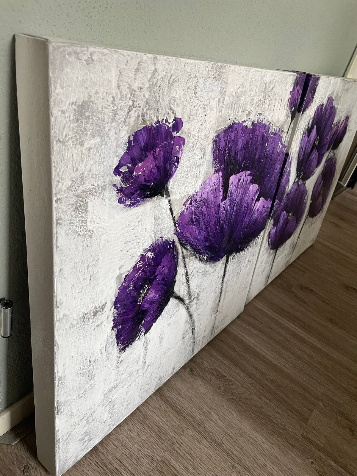 Schilderij: Paarse Bloemen op Canvas (2 delen), Acrylverf, Handgeschilderd, Ophalen of Verzenden, Bloemen