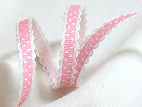 OPRUIMING ~ Lief roze polkadots band met wit kantje ~ 10 mm, -, -, Nieuw, Ophalen of Verzenden