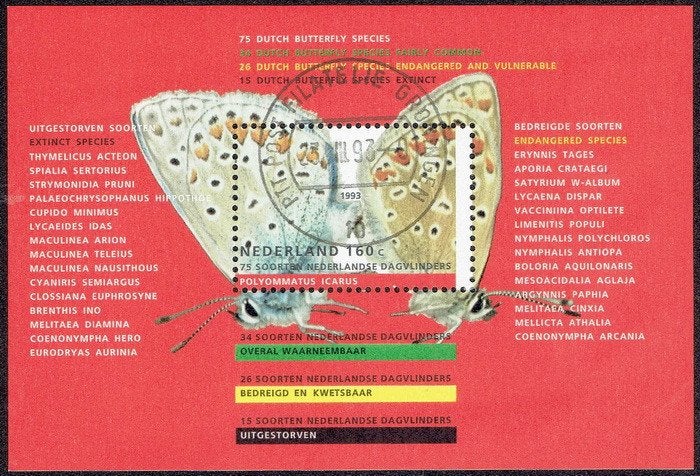 Nederland 1993, vlinders, blok., Postzegels en Munten, Verzenden, Na 1940, Gestempeld