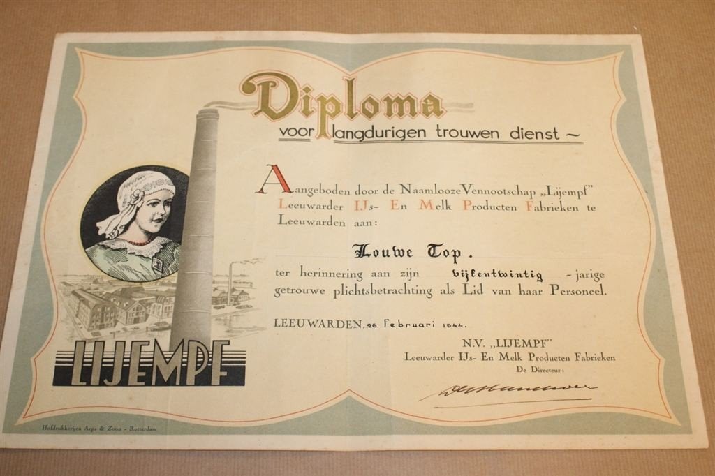 Diploma NV Lijempf Leeuwarden - 1944 !!, Ophalen of Verzenden, Zo goed als nieuw