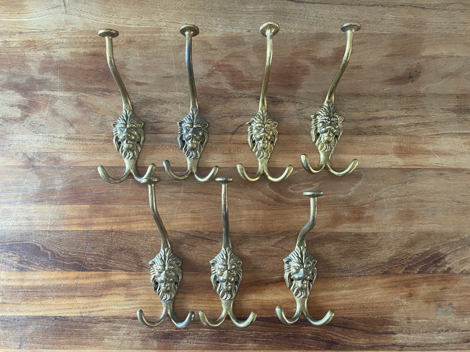7 stuks massief messing dubbele kapstokhaken met leeuwenkop, Antiek en Kunst, Ophalen of Verzenden